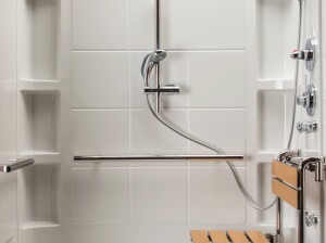 There is plenty of storage with 6 recessed shelves built into the back wall and large enough to fit all your bathing products.
