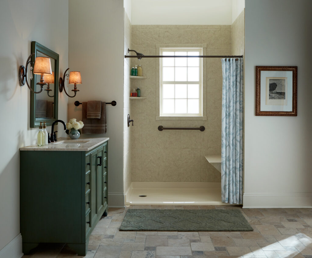 Bathroom for seniors with a shower seat