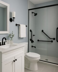 crisp gray blue and white bathroom design