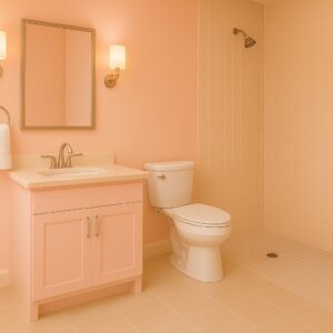 soft warm and feminine blush and beige bathroom design.